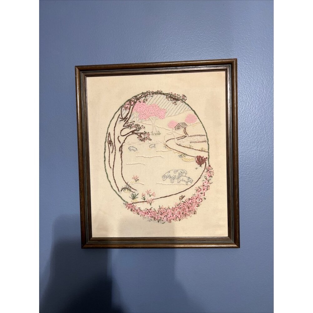Completed Candlewicking Kit Spring 1983 Framed 12" X 14", Whimsical‎ Art, 80s
